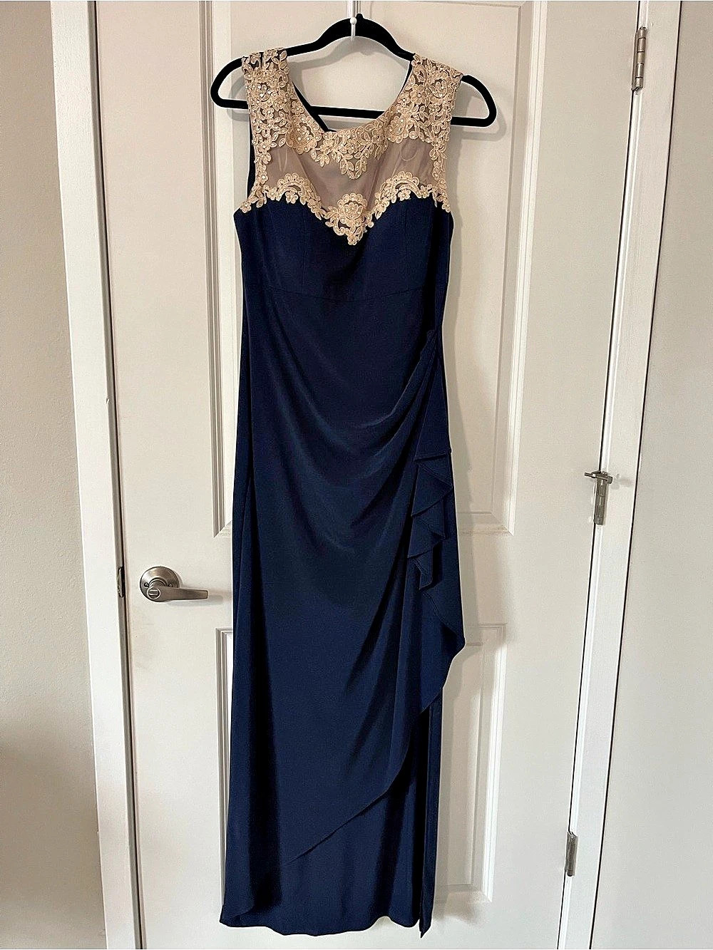 Alex Evenings Embroidered Illusion-Neckline A-Line Dress in Blue Size 14